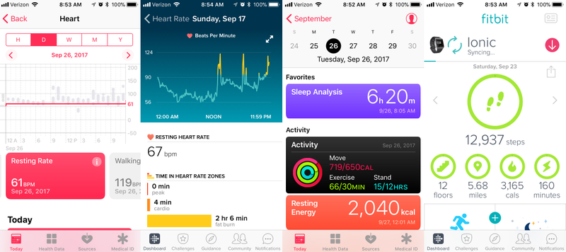 From left to right: the Apple heart-rate experience versus the Fitbit heart rate experience. Then the Apple Health app experience versus the Fitbit app.